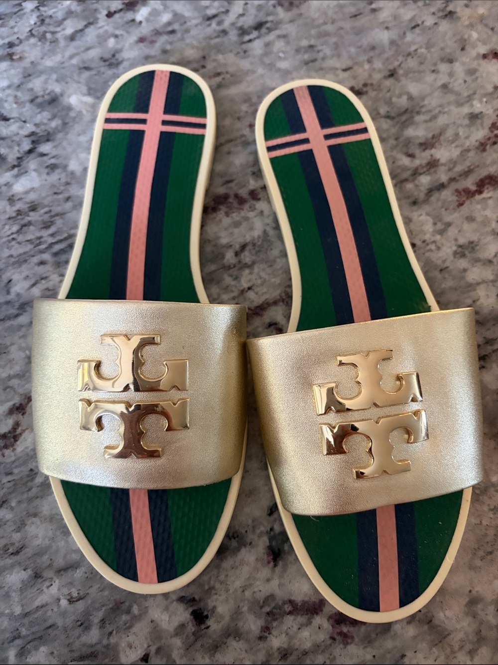 Tory Burch Gold Logo Slide Sandals with Green, Navy & Pink Stripes